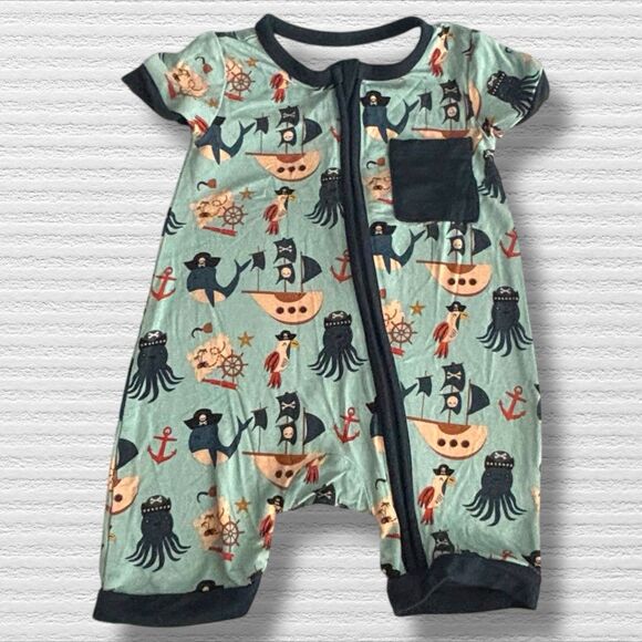 Pirate Nautical Bamboo Blend Baby Romper 3-6M Ocean Print Short Sleeve One Piece - Picture 1 of 5